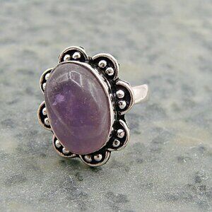 Amethyst Natural Stone Ring Sterling Silver Plated Birthstone Floral Frame 7.5